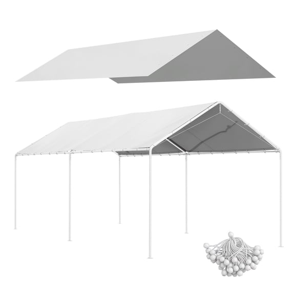Carport Canopy Replacement Cover 10x20ft, UV Resistant, White, with Bungee Cords