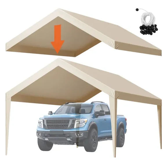 Carport Replacement Canopy, 12 x 20 ft Potable Garage Tent Top Tarp, UV-Resistant & Waterproof Car Shelter Tarp, Heavy Duty Car Port Cover with Ball Buggees, Beige, Frame Not Included