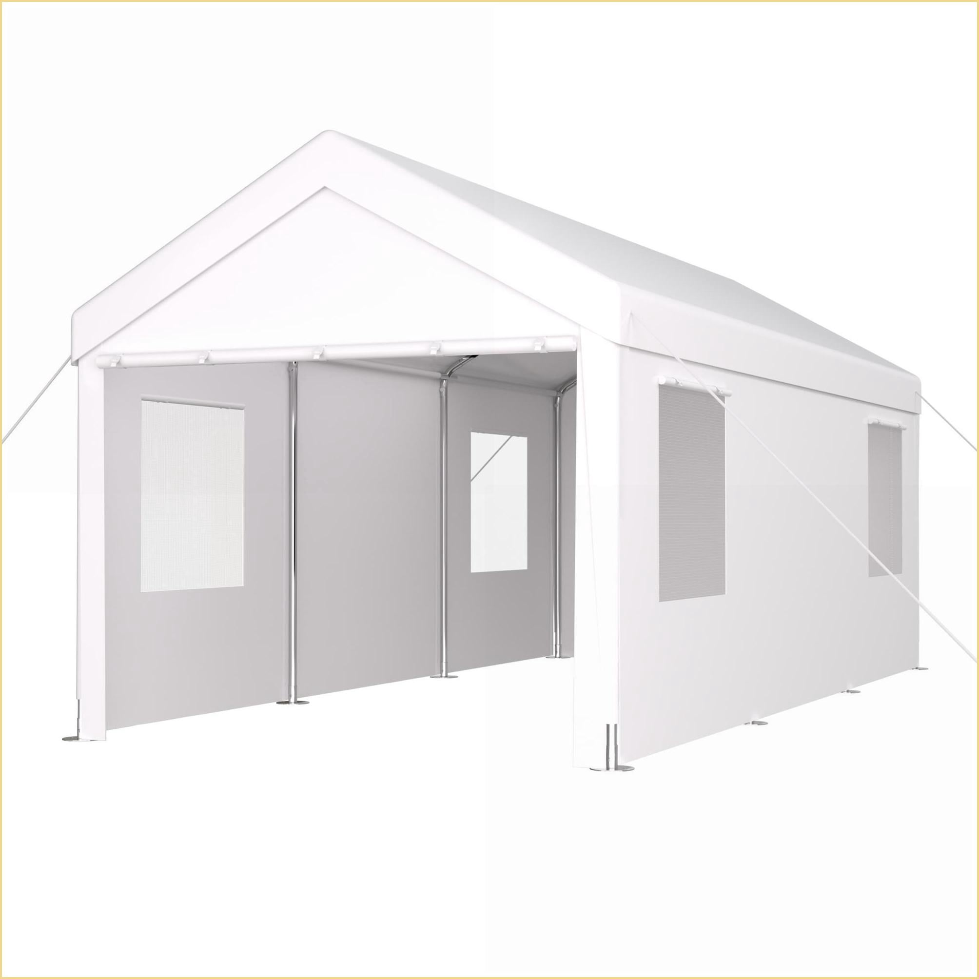 Carports 10'x20' Portable Canopy Garage with Roll-up Doors Ventilated Windows for Cars Boats | White | Galvanized Steel