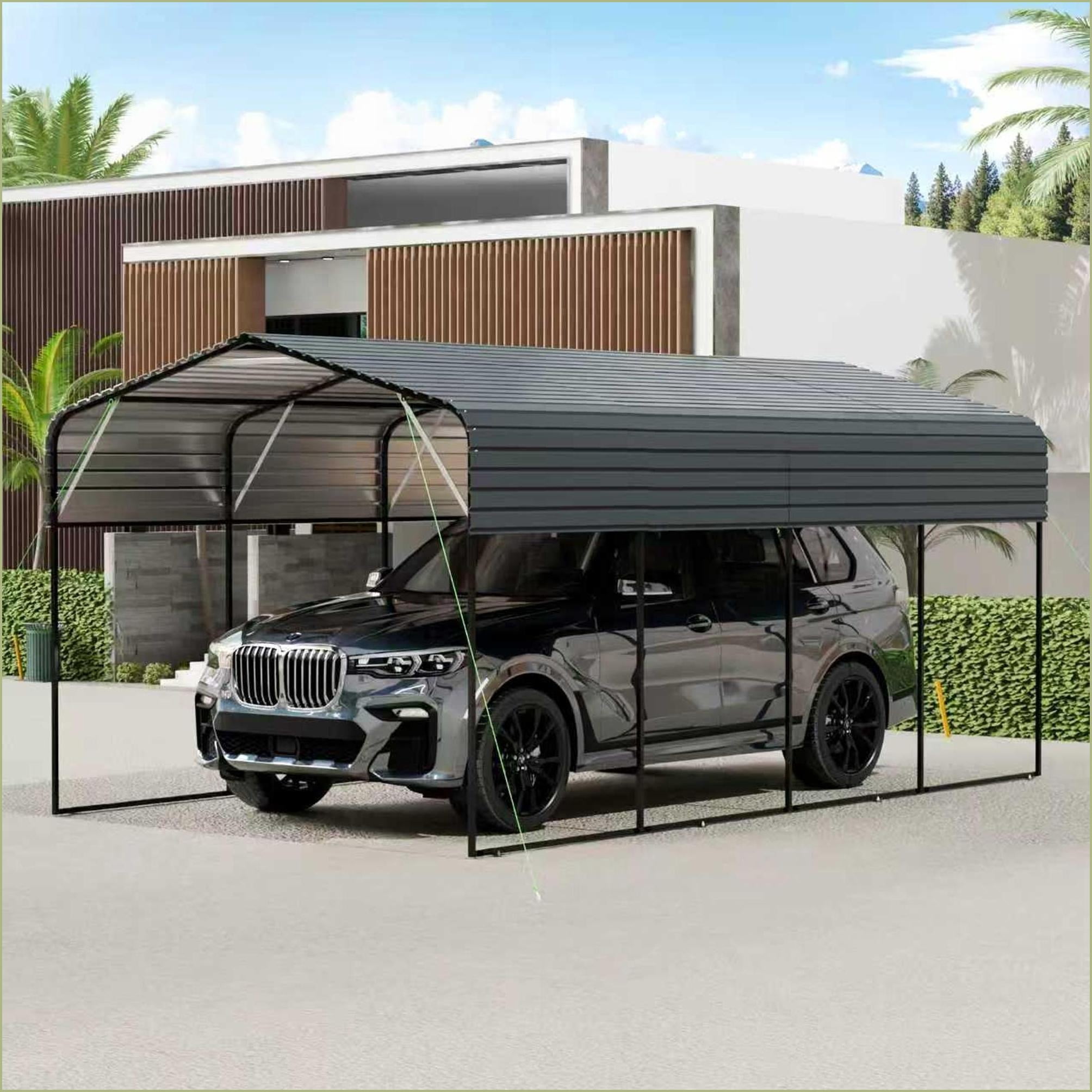 Carports | 11x19 FT Modern Heavy Duty Metal Carport, Galvanized Steel Roof for Parking, Storage Workshop, Black Frame | Gray | Steel