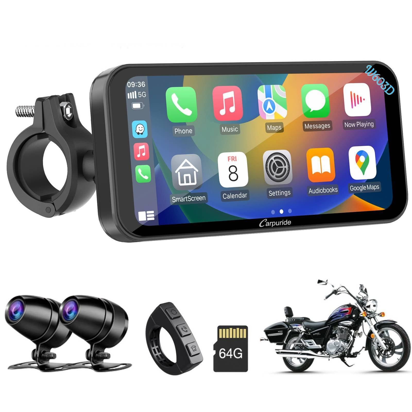 Carpuride Motorcycle CarPlay Screen, Dual 1080P Dash Cameras, IP67 Waterproof, Touch Screen (603D)
