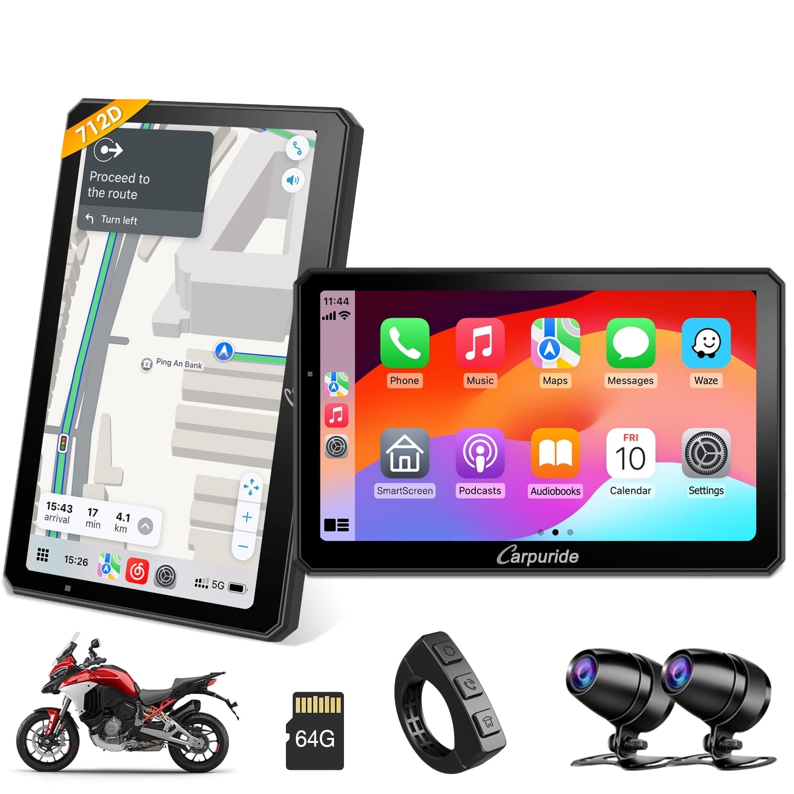 Carpuride Motorcycle HD Dual 1080P Dash Cam, Wireless Apple CarPlay & Android Auto Wire Control, Horizontal Vertical Rotation 7" Touch Screen (712D)