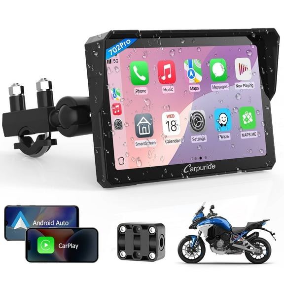 Carpuride Motorcycle Wireless CarPlay Screen, Android Auto 7" Portable Moto Stereo Automatic Light Sensing IP67 Waterproof, Motorbike GPS Nav BT5.2, Siri, （702pro）