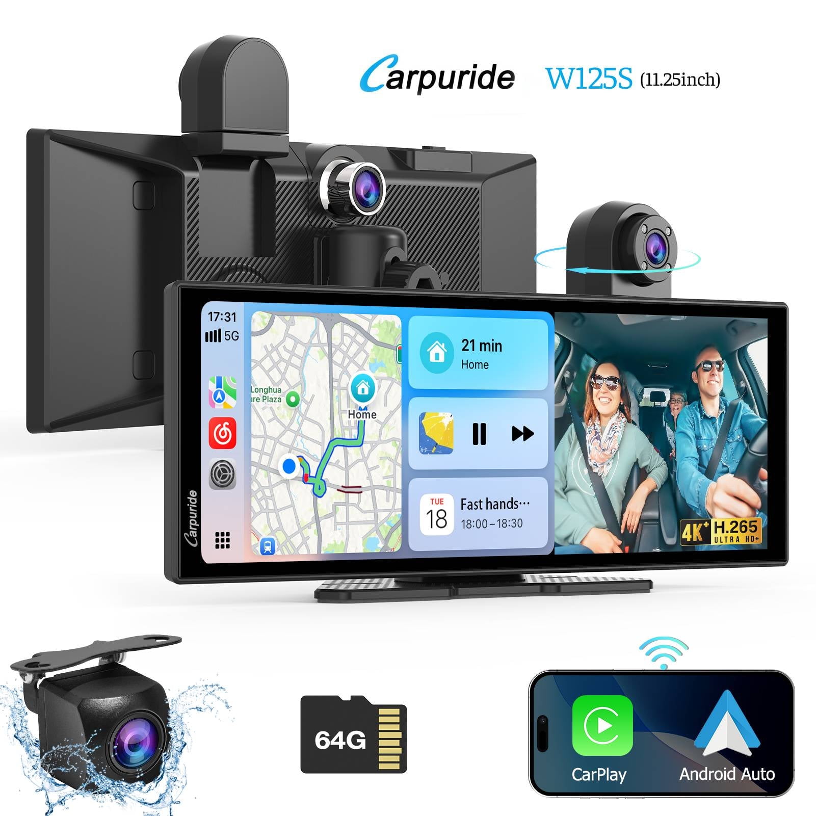 Carpuride W125S 11.25 Inch HD Carplay With Dash Cam Android Auto Wireless Adapter Car Stereo with Night vision camera