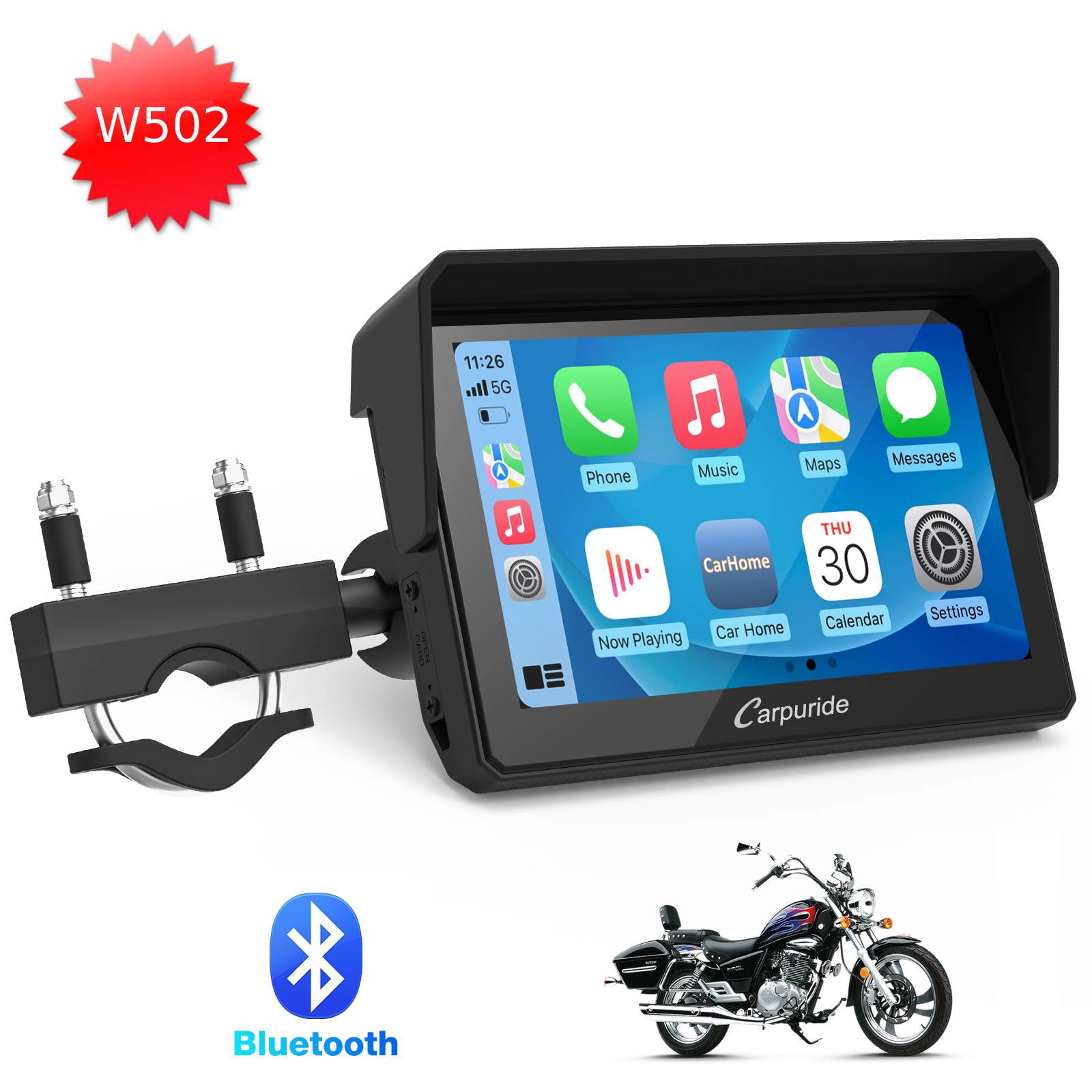 Carpuride W502 Motorcycle Carplay and Android Auto IP67 Waterproof Portable Car Stereo, 5" IPS Touch Screen