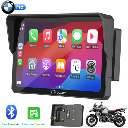 Carpuride W702B Pro Wireless Portable Upgraded Dual Bluetooth Waterproof IP67 Motorcycle Stereo with Intercom function BMW Bracket