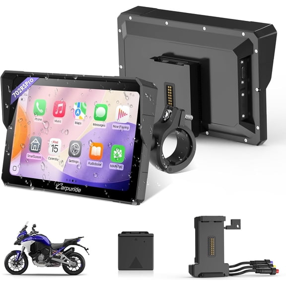 Carpuride W702RS PRO Motorcycle GPS Wireless Carplay/Android Auto/Radar BSD, 7" Waterproof Motorbike Touch Screen, with BM05 Mount, Bluetooth Trans, Intercom,Wired Controller, Navigation