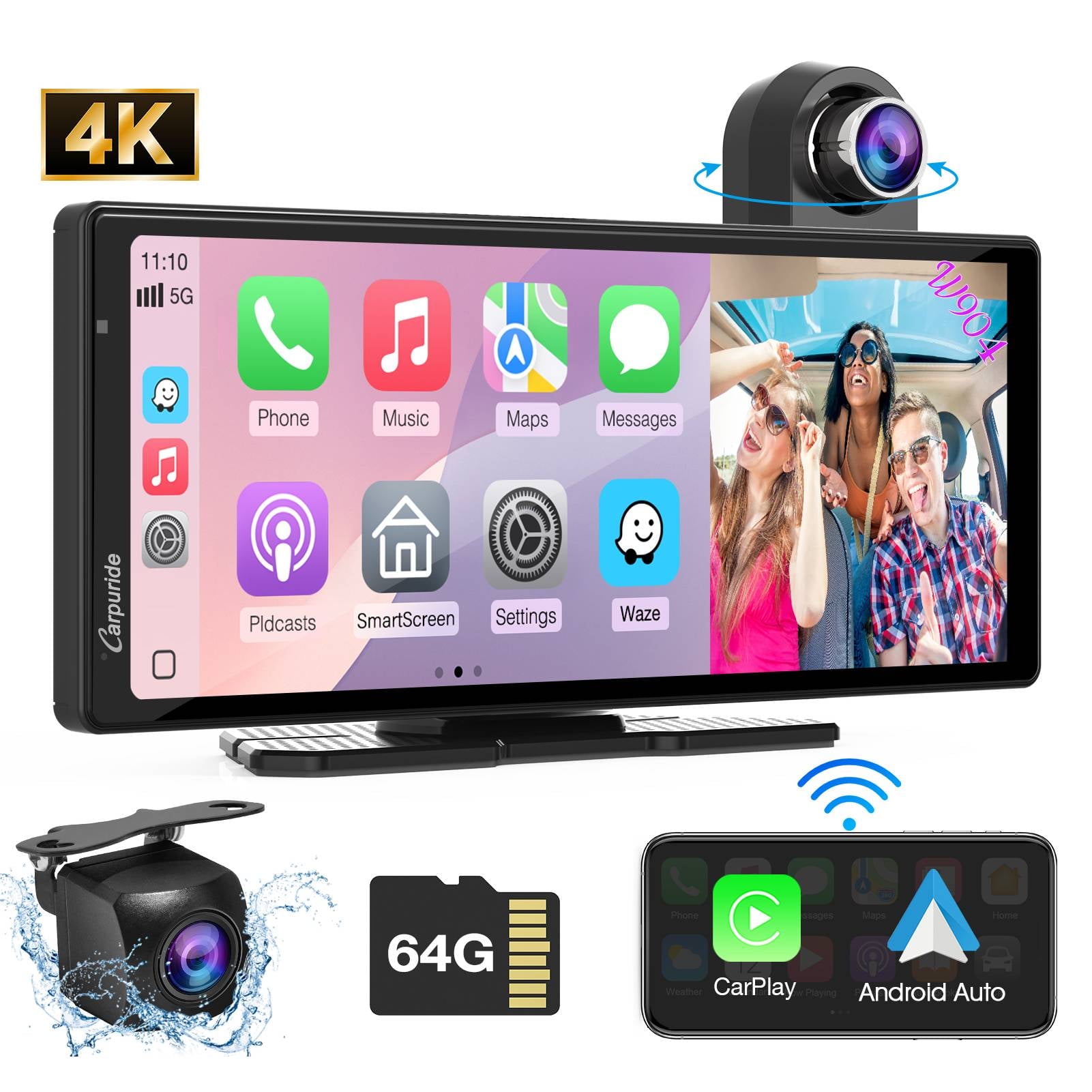 Carpuride Wireless Android Auto Carplay with 4K Front Dash Cam 1080P Rear Cam,10.26" HD IPS Touch