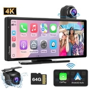 Carpuride 4K Dash Cam Front and Rear Wireless Android Auto Carplay ,Car DashCamera 10.26 HD IPS Touch