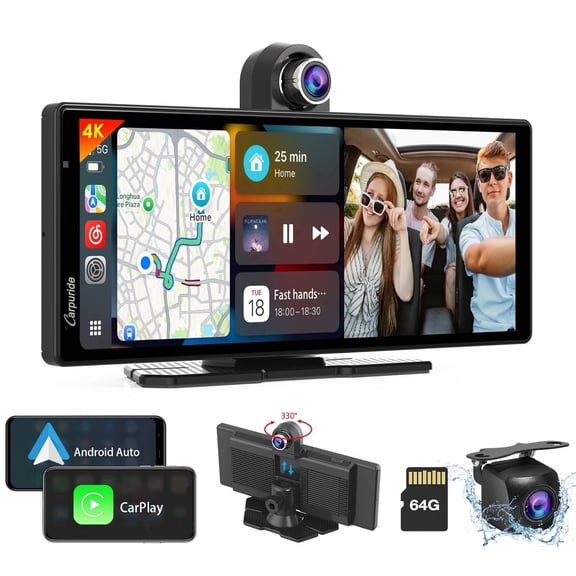 Carpuride Wireless Carplay Android Auto with 4K Front Dash Cam 1080P Rear Cam,10.26" HD IPS Touch