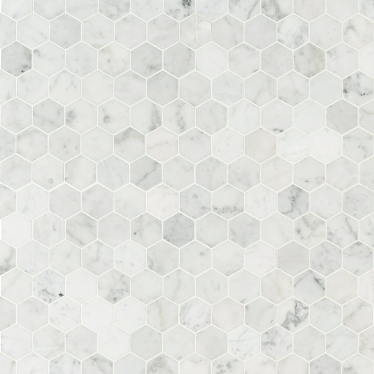 Carrara White Hexagon 12 in. x 12 in. x 8mm Honed Marble Mesh Mounted Mosaic Tile (9.8 sq. ft./ case) Carrara White Hexagon 12 in. x 12 in. x 8mm Honed Marble Mesh Mounted Mosaic Tile (9.8 sq. ft./ case)