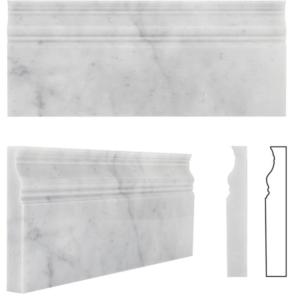 Carrara White Marble Baseboard Trim Molding, Polished, 4 Pcs