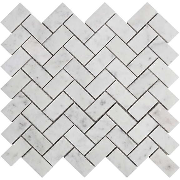 Carrara White Marble Stone 1x2 Inch Herringbone Italian Bianco Carrera Marble Mosaic Tile for Kitchen Wall Bathroom Shower Floor (5 Sheet, Polished)