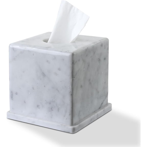 Carrara White Marble-Style Square Tissue Box Cover, Art Deco Polished Stone Decorative Organizer, 5.9" x 5.9" x 5.7"