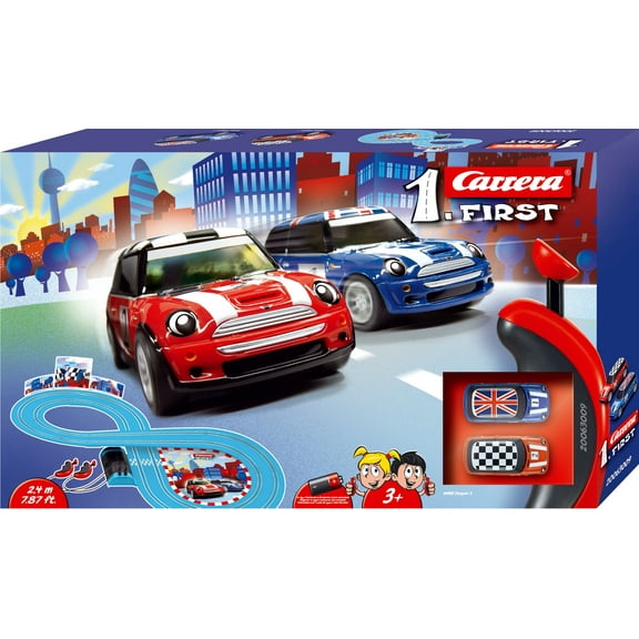 Carrera First Mini Cooper Slot Car Race Track - Includes 2 Cars: Blue and Red Mini Cooper and Two-Controllers - Battery-Powered Beginner Set for Kids Ages 3 Years and Up