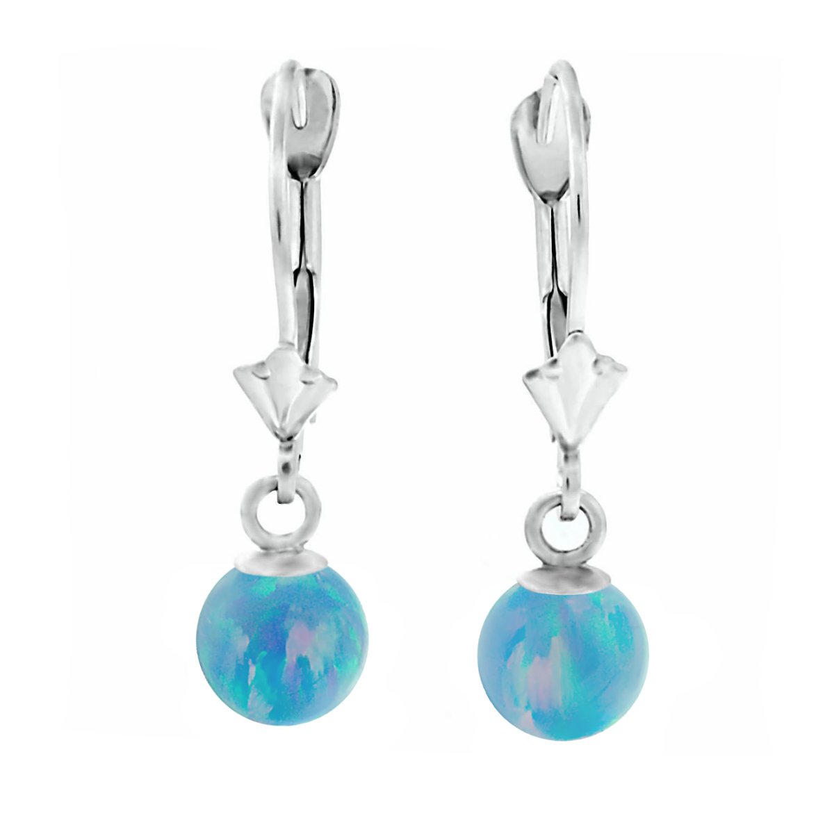 Carrie: 6mm Cornflower Blue Synthetic Opal Ball Lever Back Earrings 14K White Gold