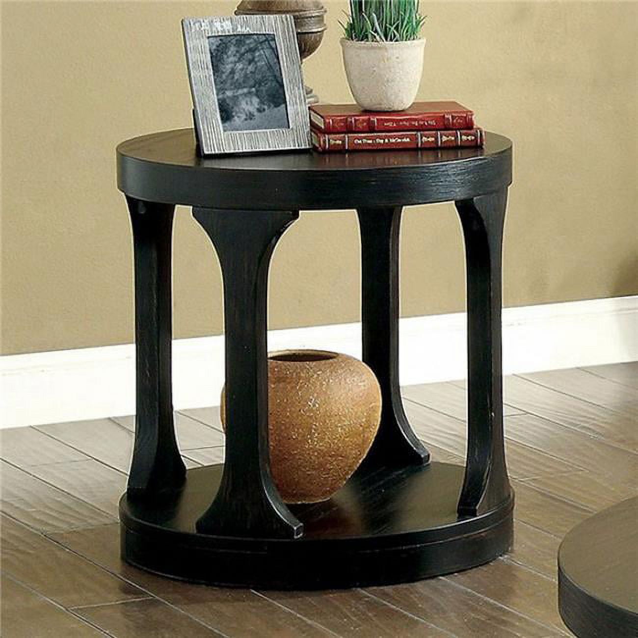 Antique Black Round Wood and Metal End Table