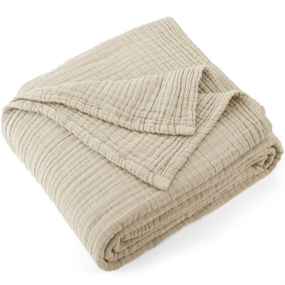 Carriediosa 100% Cotton Muslin Throw Blanket Gauze Blankets Soft for Bed, 90" x 90" Queen Size Khaki