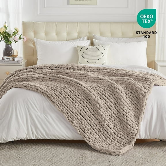 Carriediosa Chunky Knit Throw Blanket Handmade Soft Throws for Couch Sofa Bed, 50" x 60" Taupe