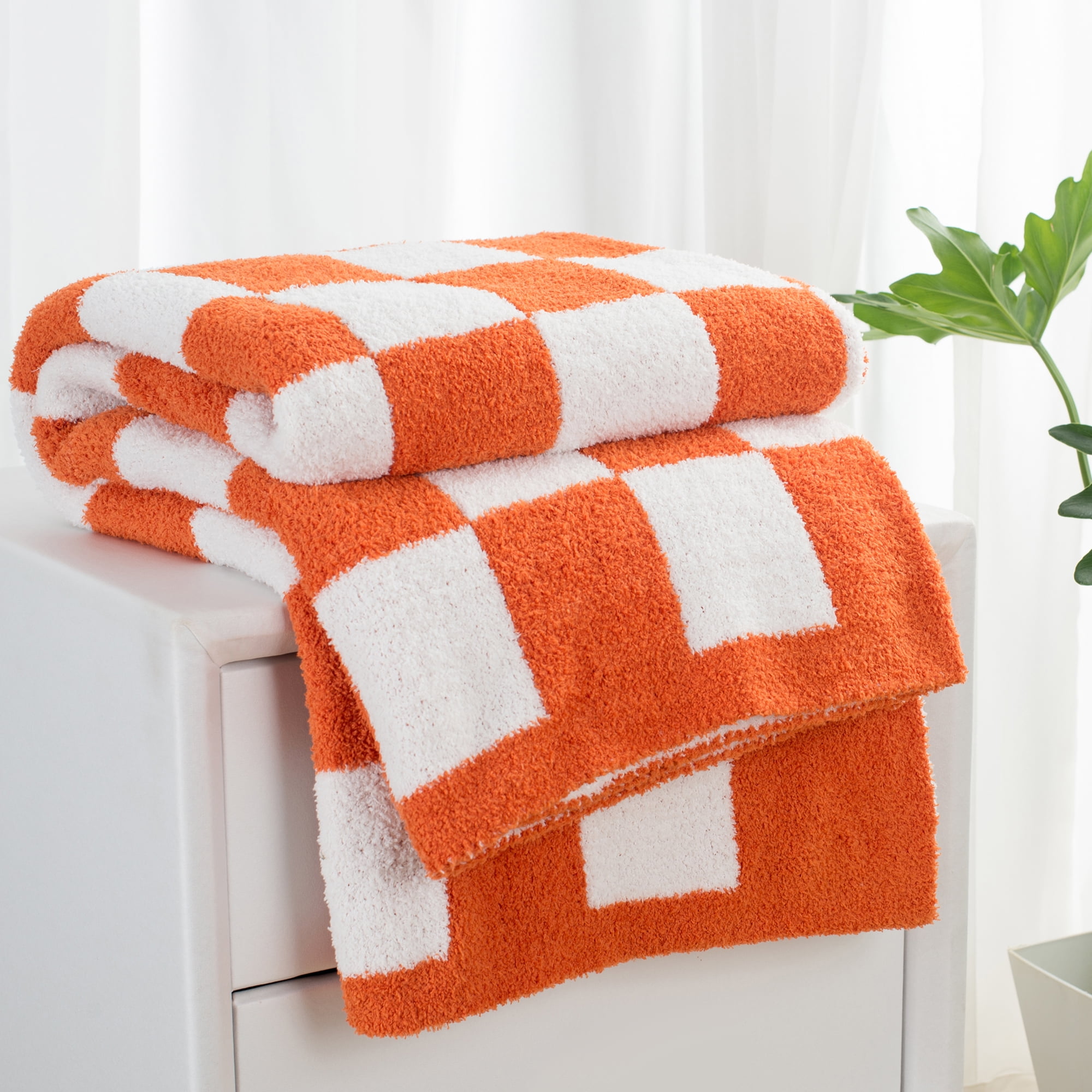 Burnt Orange and White Knitted Reversible Throw Blanket 50" x 60"