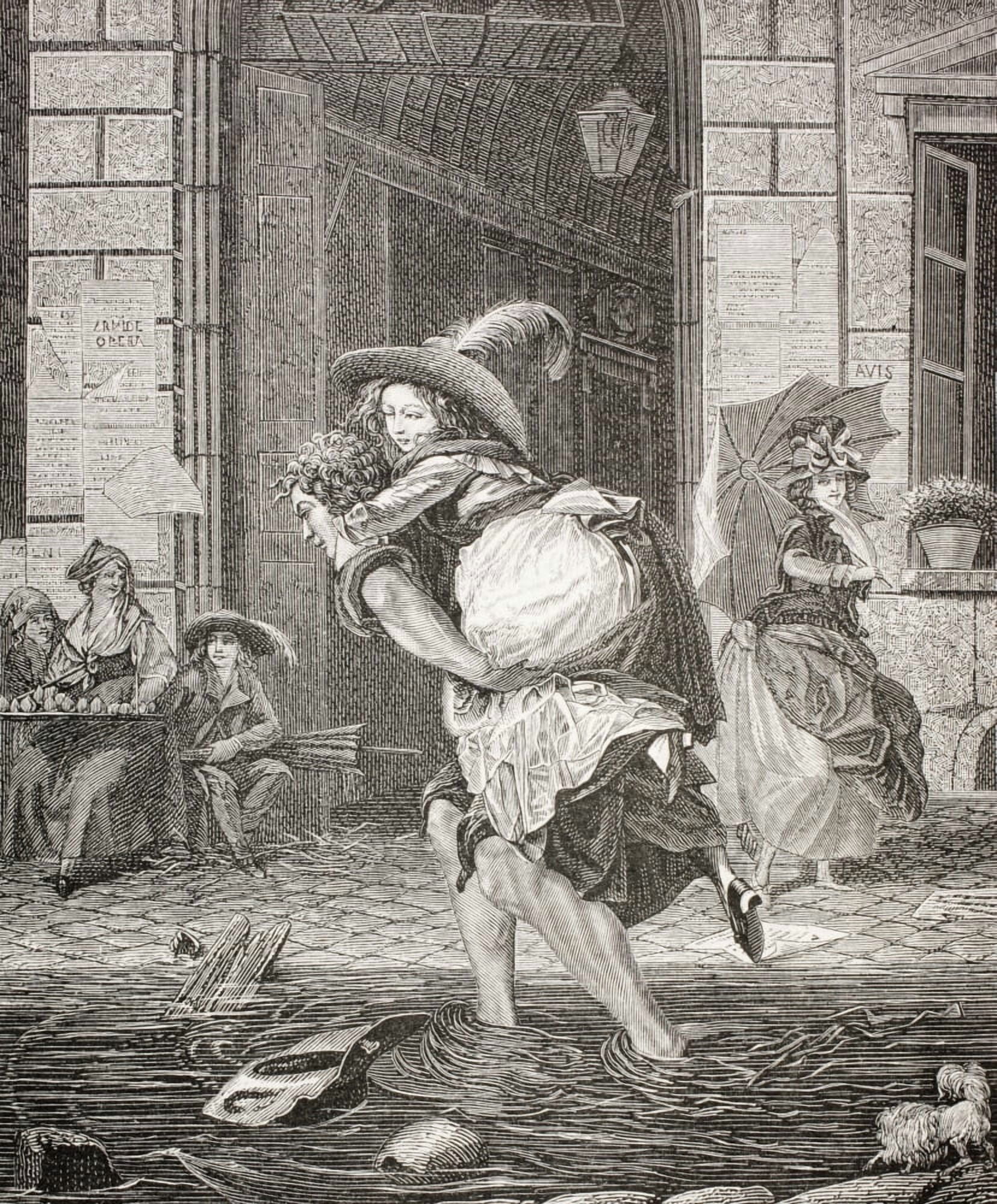 A Carrier Ferrying A Woman Across The Street On A Rainy Day In 18Th Century Paris From Xviii Siecle Institutions Usages Et Costumes Published Paris 1875 Canvas Art - Ken Welsh Design Pics (13 x 16)