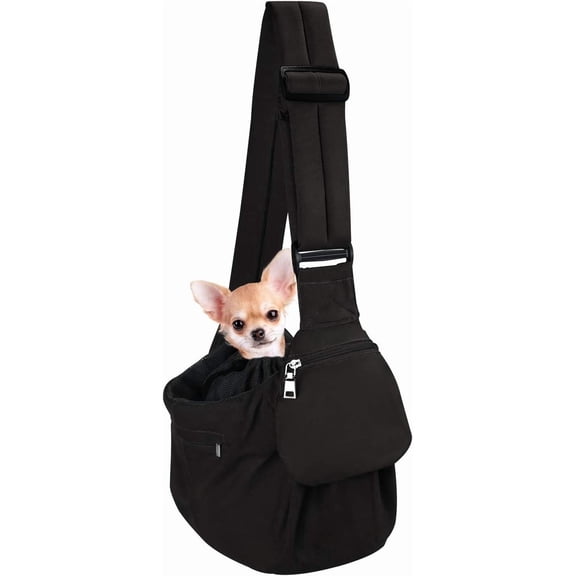 Carrier Sling - Hard Bottom Support Carriers for Small Dogs with Adjustable Padded Shoudler Strap, Purse for Puppy Pet with Drawstring Opening Storage Zipper Pockets (Black)