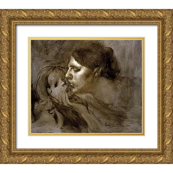 Carriere, Eugene 30x26 Gold Ornate Wood Framed with Double Matting Museum Art Print Titled - The Motherly Kiss