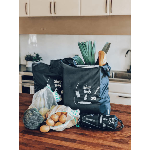 Carrinet Reusable Eco Polyester Shop Net Bags Set, Black, 10-Piece