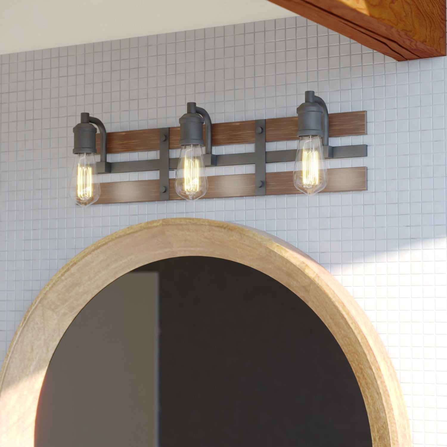 Carrington 3 Light Black and Solid Wood Walnut Finish Slat Farmhouse Bathroom Vanity Fixture