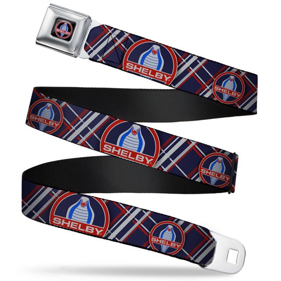 Carroll Shelby Belt, Seatbelt Buckle Belt, Shelby Cobra Plaid X Navy Gray Red, 34 to 52 Inches