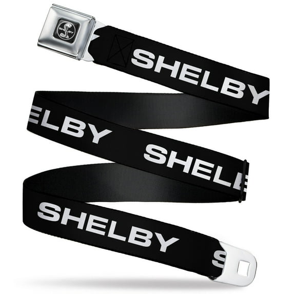 Carroll Shelby Belt, Seatbelt Buckle Belt, Shelby Text Only Black White, 32 to 52 Inches