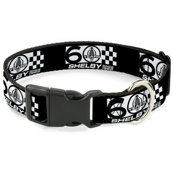 Carroll Shelby Pet Collar, Dog Collar Plastic Buckle, Shelby 60 Years Since 1962 Checker Black White, 7 to 8.5 Inches 0.5 Inch Wide