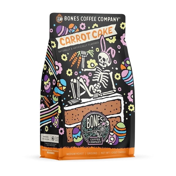 Bones Coffee Company Carrot Cake Ground Coffee Beans Carrot Cake & Cream Cheese Frosting Flavor | 12 oz Flavored Coffee Medium Roast Gourmet Limited Release (Ground)