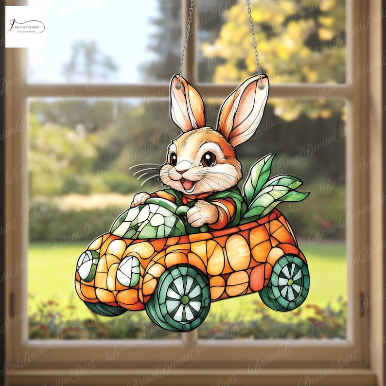 Carrot Car Bunny Acrylic Window Hanging, Adorable Rabbit in a Car ...