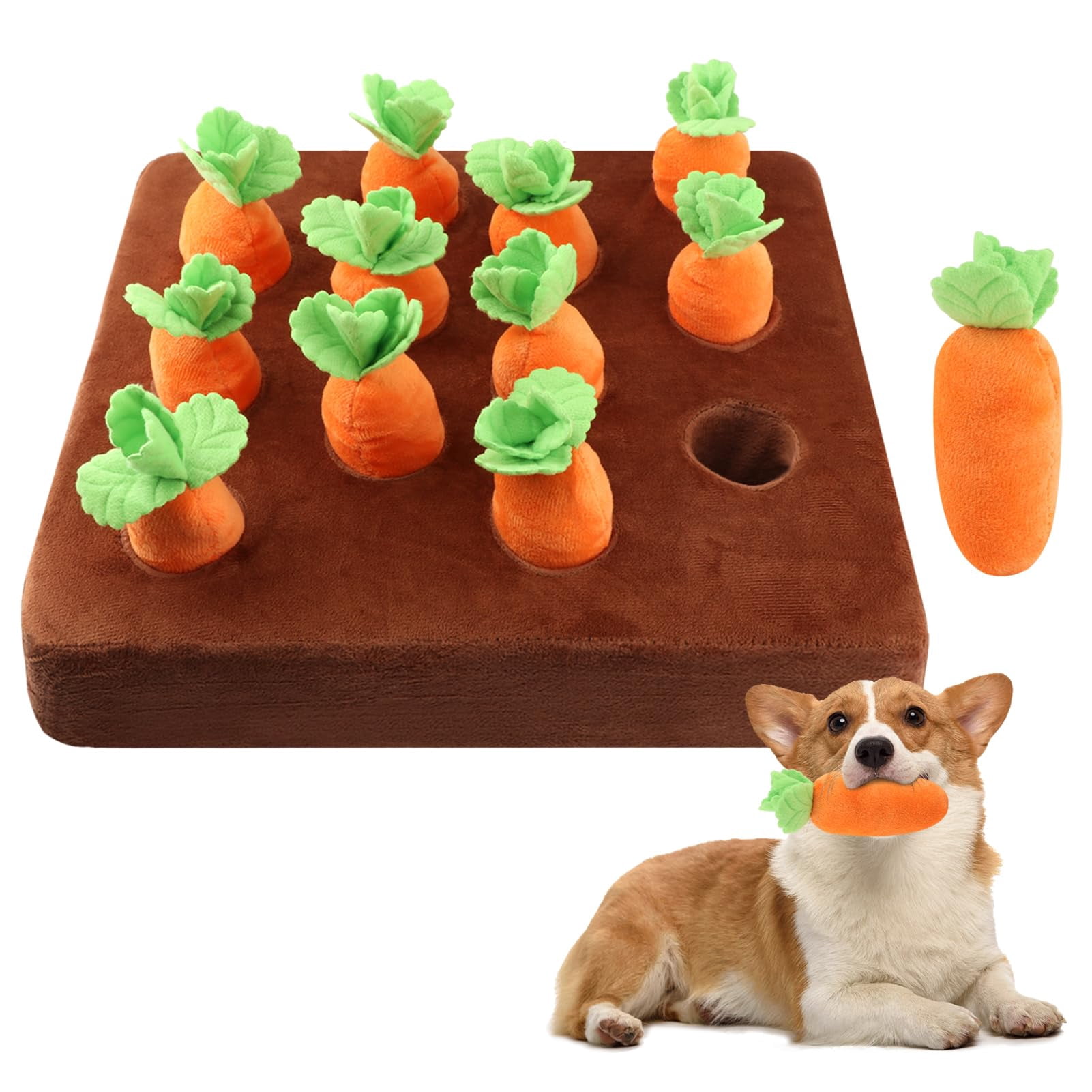 Carrot Dog Toys – Carrot Snuffle Mat for Dogs, Interactive Dog Plush Puzzle Toys 2 in 1 Fun Nosework Feed Games, Pet Stress Relief and Brain Training Foraging Skill with 12 Carrots