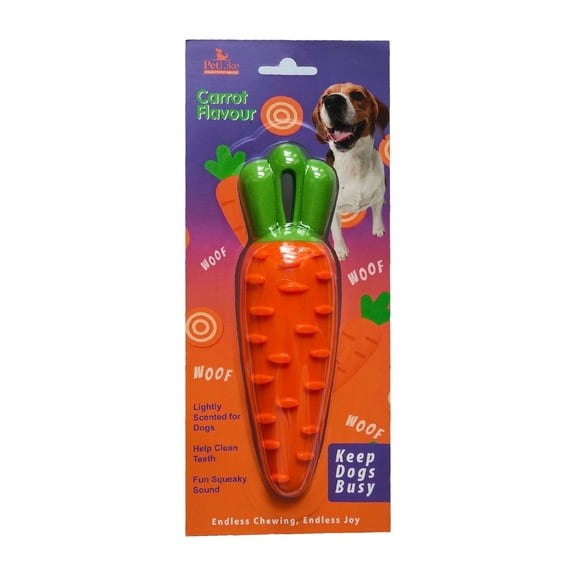 PetLike Carrot Flavour Dog Chew Toy | Durable TPR Squeaky Toy for Dogs, Teeth Cleaning, Interactive Chew, Lightly Scented, Fun Play for All Breeds (Carrot)