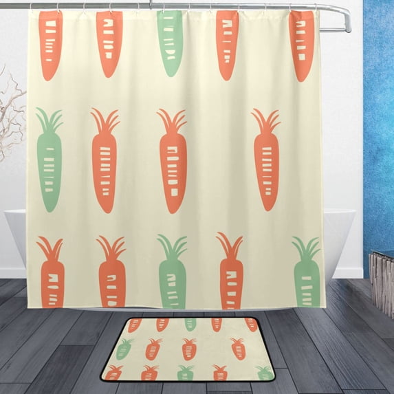 Carrot Pattern Bathroom Accessory Sets Waterproof Shower Curtain with Anti-Slip Bath Mat Durable Combo