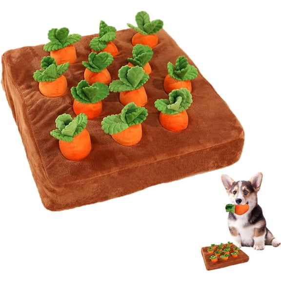 Carrot Snuffle Mat for Dogs, Interactive Plush Puzzle Toy with Non-Slip Nosework Feed Game, 13.7x13.7 Inch Hide and Seek Carrot Farm Design for Pet Stress Relief