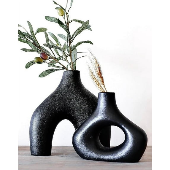 Carrot's Den Donut Vase, Set of 2 - Minimalist Nordic, White Ceramic Hollow Donut Vase Decor | Table Centerpiece, Olive Plant, Wedding, Living Room, Bookshelf, Office, Modern Home, Entryway, Console