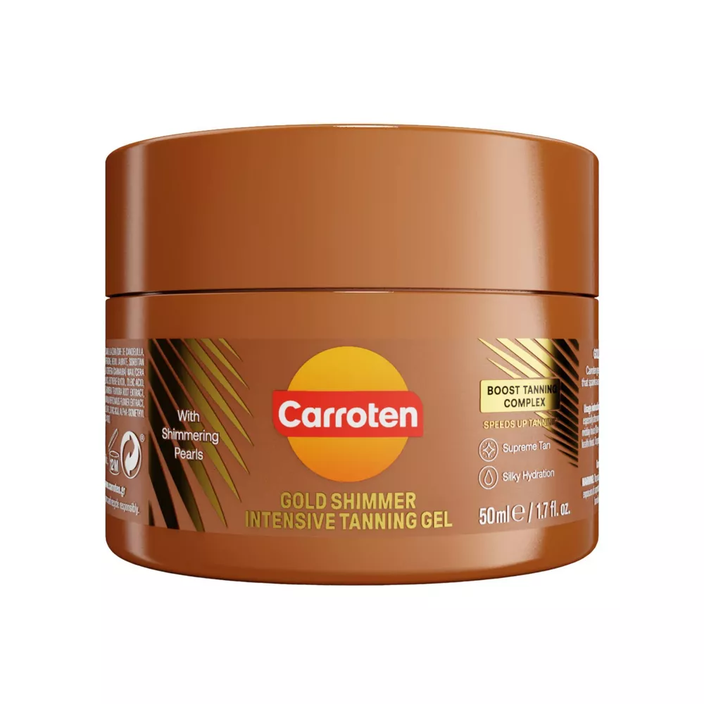 Carroten Gold Shimmer Intensive Tanning Gel | Browning Tan Accelerator | Non-Greasy, Water-Resistant with Carrot and Coconut Oil | Vitamin A & E For Moisture & Hydration | 1.7 Fl Oz