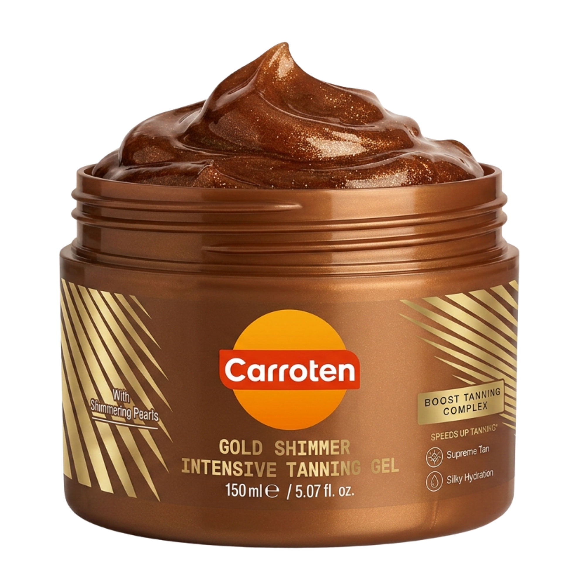 Carroten Gold Shimmer Intensive Tanning Gel | Browning Tan Accelerator | Non-Greasy, Water-Resistant with Carrot and Coconut Oil | Vitamin A & E For Moisture & Hydration | 5 Fl Oz
