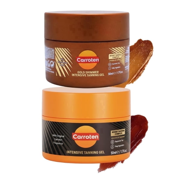 Carroten Mini Intensive + Gold Shimmer Tanning Gels | Travel Size Tan Accelerator & Body Bronzer | Non-Greasy, Water-Resistant | Carrot & Coconut Oil | Vitamin A & E For Hydration | 1.7 oz (Set of 2)