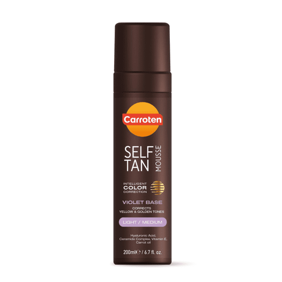 Carroten Self Tan Mousse Light/Medium, Violet Base, Color Correcting, Streak-Free Sunless Tanner, Face & Body, Natural DHA, Hyaluronic Acid, Vitamin E, Carrot Oil for Radiance & Moisture, Vegan 6.7oz