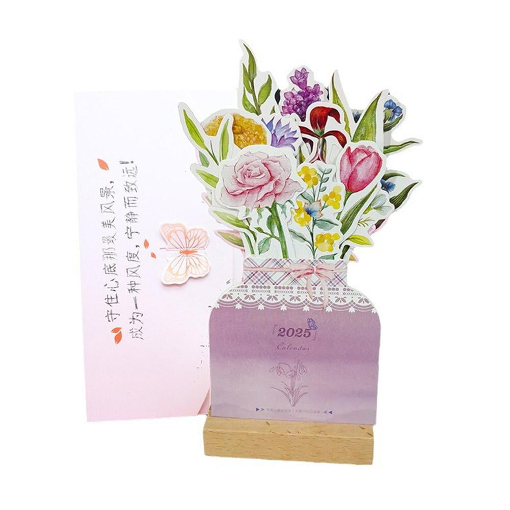 Carroterr Bloomy Flowers Desk Calendar 2025,Floral Desktop Calendar with Wooden Base,Mini Creative Removable Vase Shaped Monthly Calendar Planner for Home Office School H9Z1