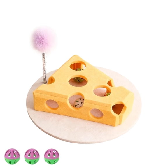 Carroterr Cheese Shaped Cat Scratch Puzzle Enrichment Box, Felt Cheese Toy with Balls & Spring Teaser, Pet Cat Games Self Play Fun Exercise Hide Seek Moving CatToy, Interactive CatToy Puzzle Toys