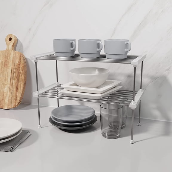 Carrotez Stackable Cabinet Organizer Shelf Set of 2, White Kitchen Counter Storage Rack for Pantry Bathroom
