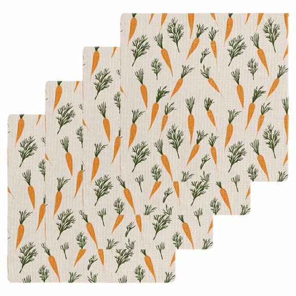Carrots Easter Dish Towels Set, Waffle Weave Kitchen Towels 4 Pieces, Watercolor Orange Green Vegetable Rustic Microfiber Hair Face Bath Tea Towel Absorbent Quick Drying Cleaning Dish Cloths, 12"x12"