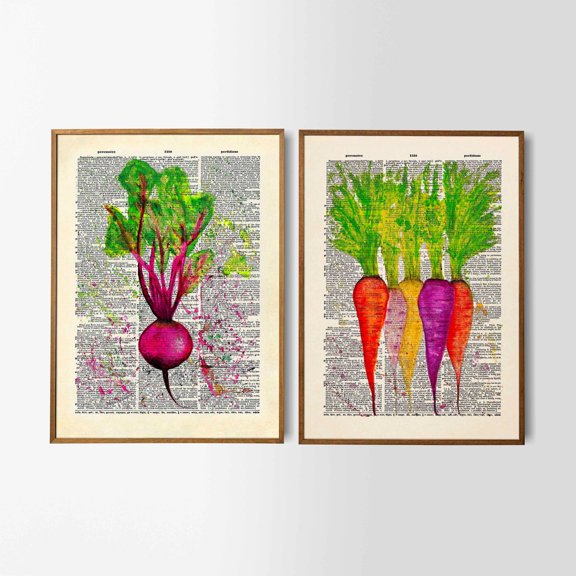 Carrots and Beetroot Prints Watercolor Style on Book Pages Poster Kitchen Poster Vegetable Kitchen Wall Decor Set 2