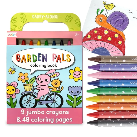 OOLY Carry-Along Coloring Book Set, Garden Pals 9 Jumbo Crayons + 48 Coloring Pages