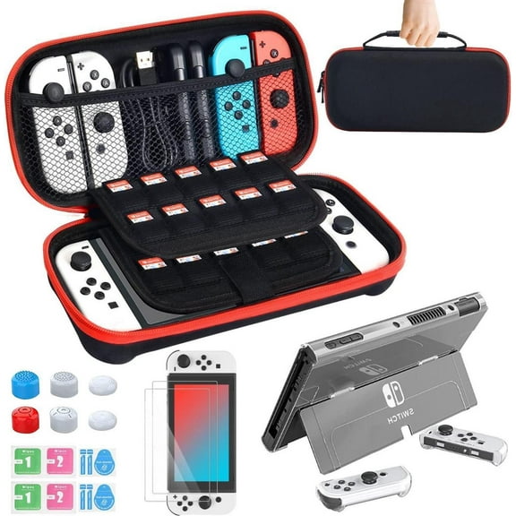 Carry Case for Nintendo Switch OLED Model 2021, Accessories Kit with Clear Cover, Screen Protector, Thumb Grip Caps & More, Suitable for Travel and Home Storage
